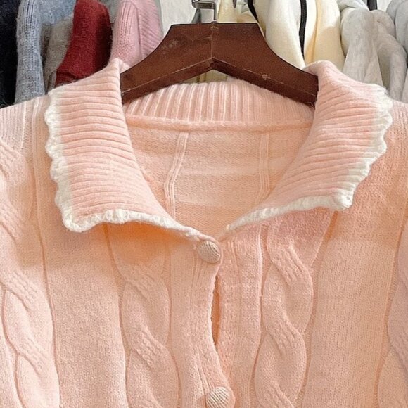 🌸 Cute Pink Cable Knit Ruffle Collar Cardigan - Picture 3 of 5